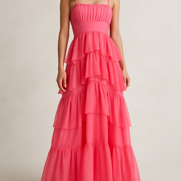 Pink Tiered Ruffle Maxi Dress Formal Evening Party Gown - Picture 1 of 3